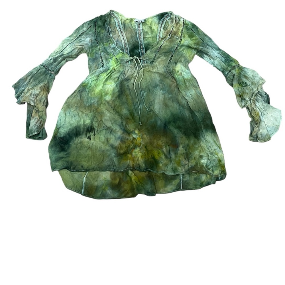 Green  Tie-Dye Blouse with Flared Sleeves